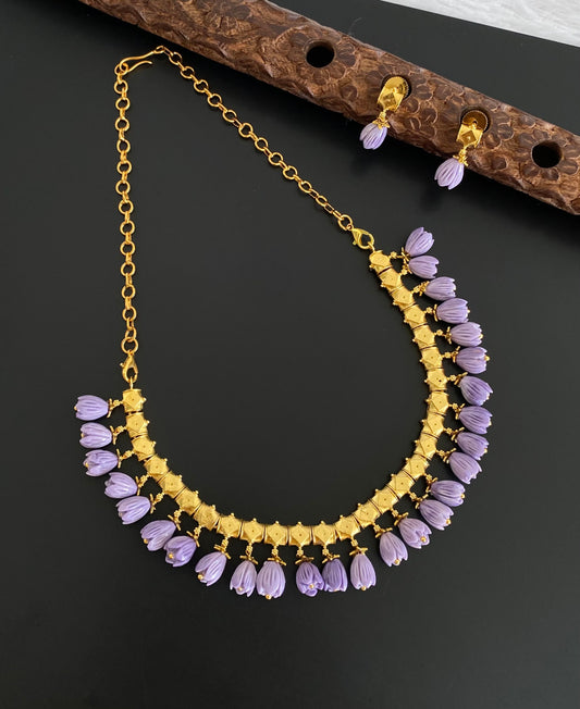 Antique gold tone purple tulip beaded necklace set dj-54038