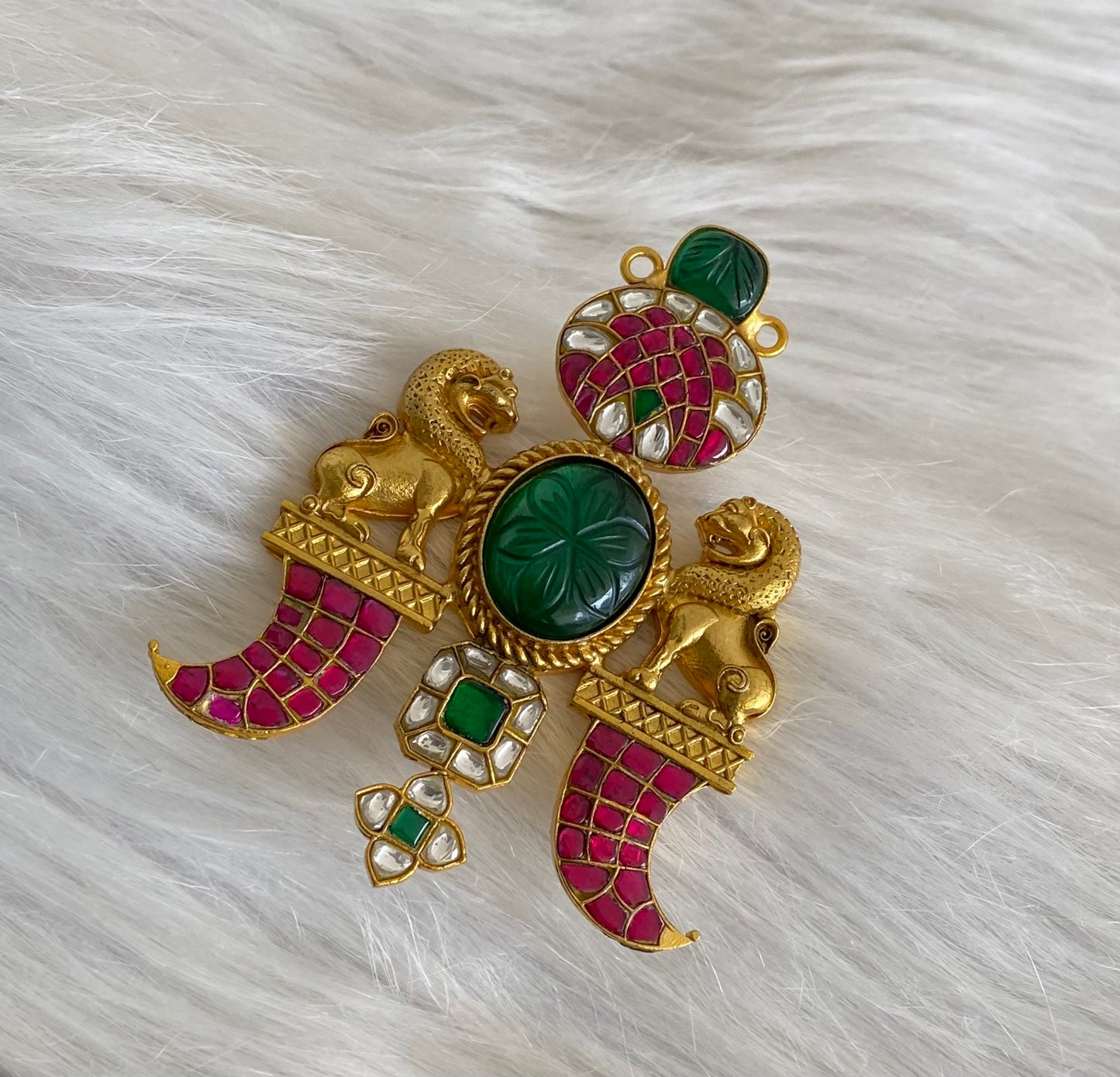 Antique carved green stone jadau lion pendant dj-53847