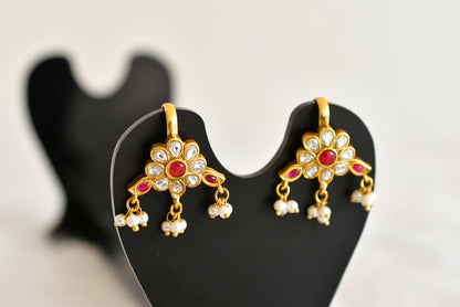 Gold tone pink-white kundan jadau flower bugadi earrings dj-52484