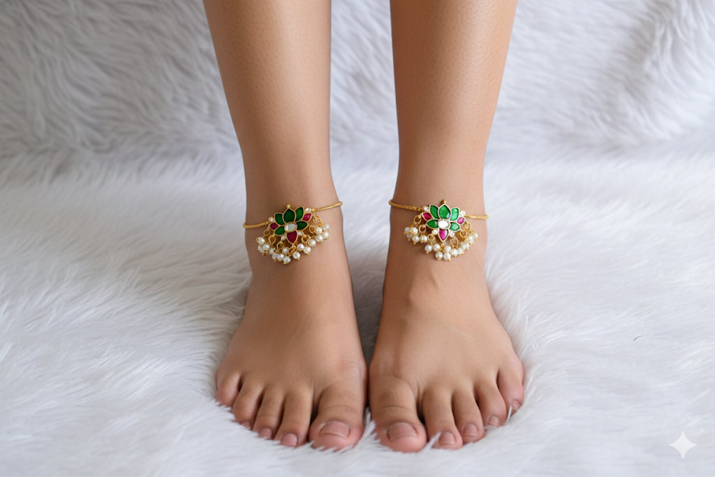 Gold tone pink-white-green lotus kundan jadau anklets dj-52400