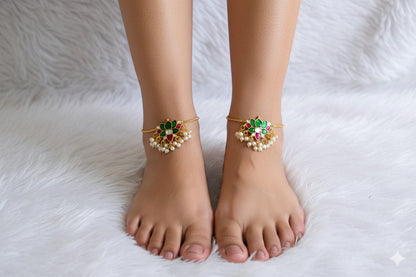 Gold tone pink-white-green lotus kundan jadau anklets dj-52400