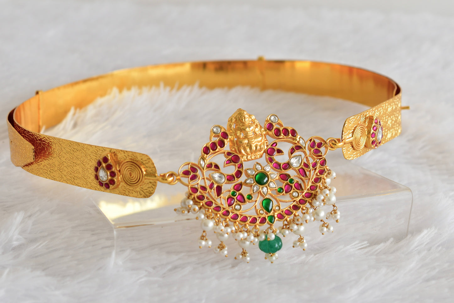 Gold tone pink-green-white kundan jadau Lakshmi mango waist band dj-52173