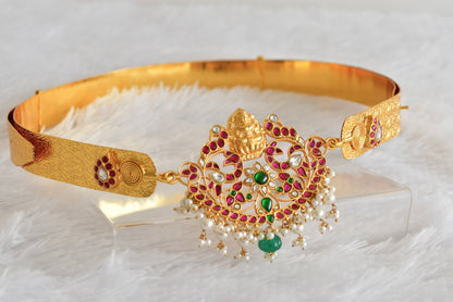 Gold tone pink-green-white kundan jadau Lakshmi mango waist band dj-52173