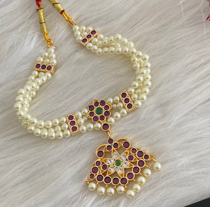 Gold tone precious kemp-green-white pearl reversible flower choker necklace dj-53934