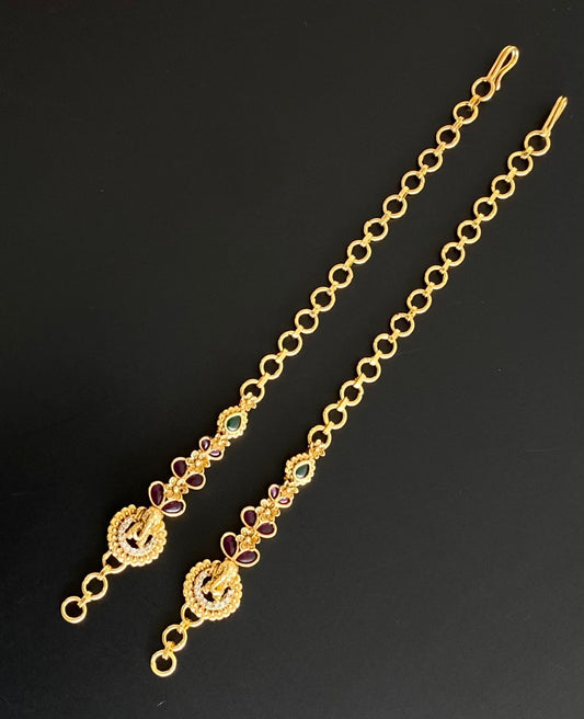 Antique gold tone pink-white-green stone ganesha ear side chain dj-54047