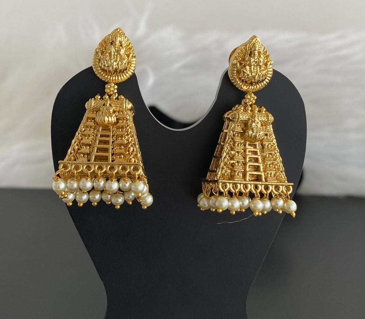 Gold tone lakshmi pearl gopuram jhumkka dj-54639