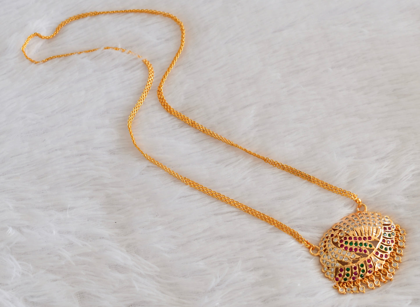 Gold tone AD pink-white-green peacock pendant with chain dj-53319