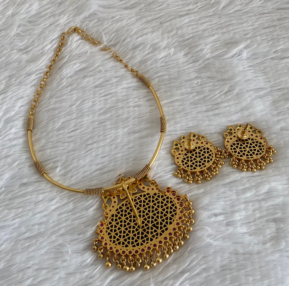 Matte finish peacock big blue oval stone pendant hasli necklace set dj-51225