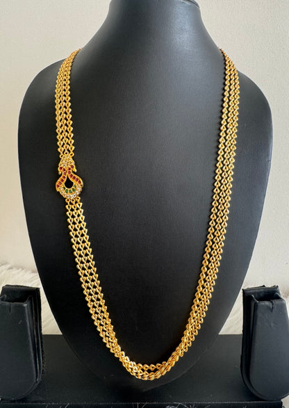 Gold tone 24 inches ruby-green-white triple layer peacock mugappu chain dj-51269