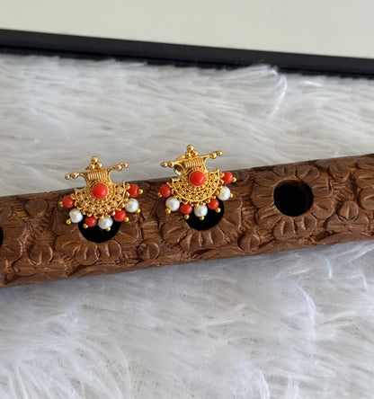 Gold tone pearl-coral beaded stud/earrings dj-51606