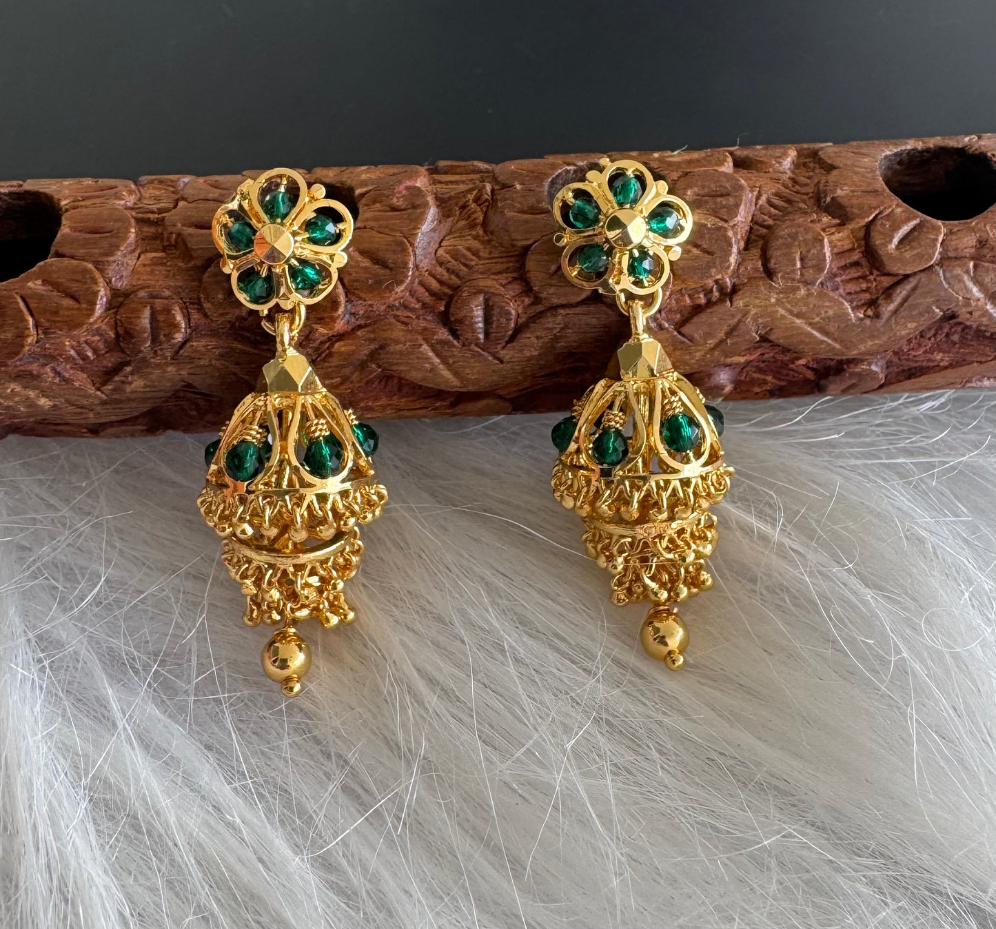 Gold tone green beaded step jhumkka dj-51281