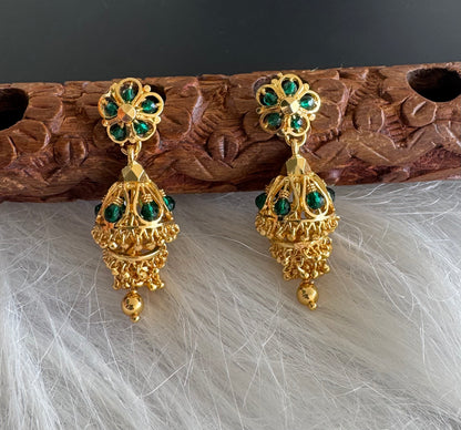 Gold tone green beaded step jhumkka dj-51281