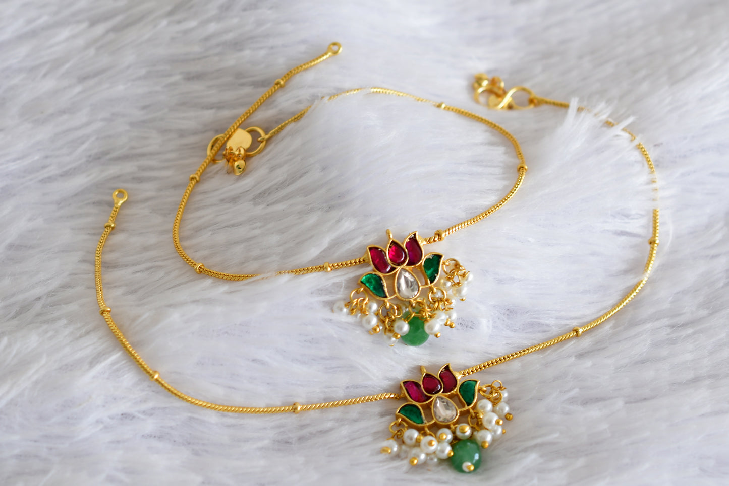 Gold tone pink-green-white lotus kundan jadau anklets dj-52398