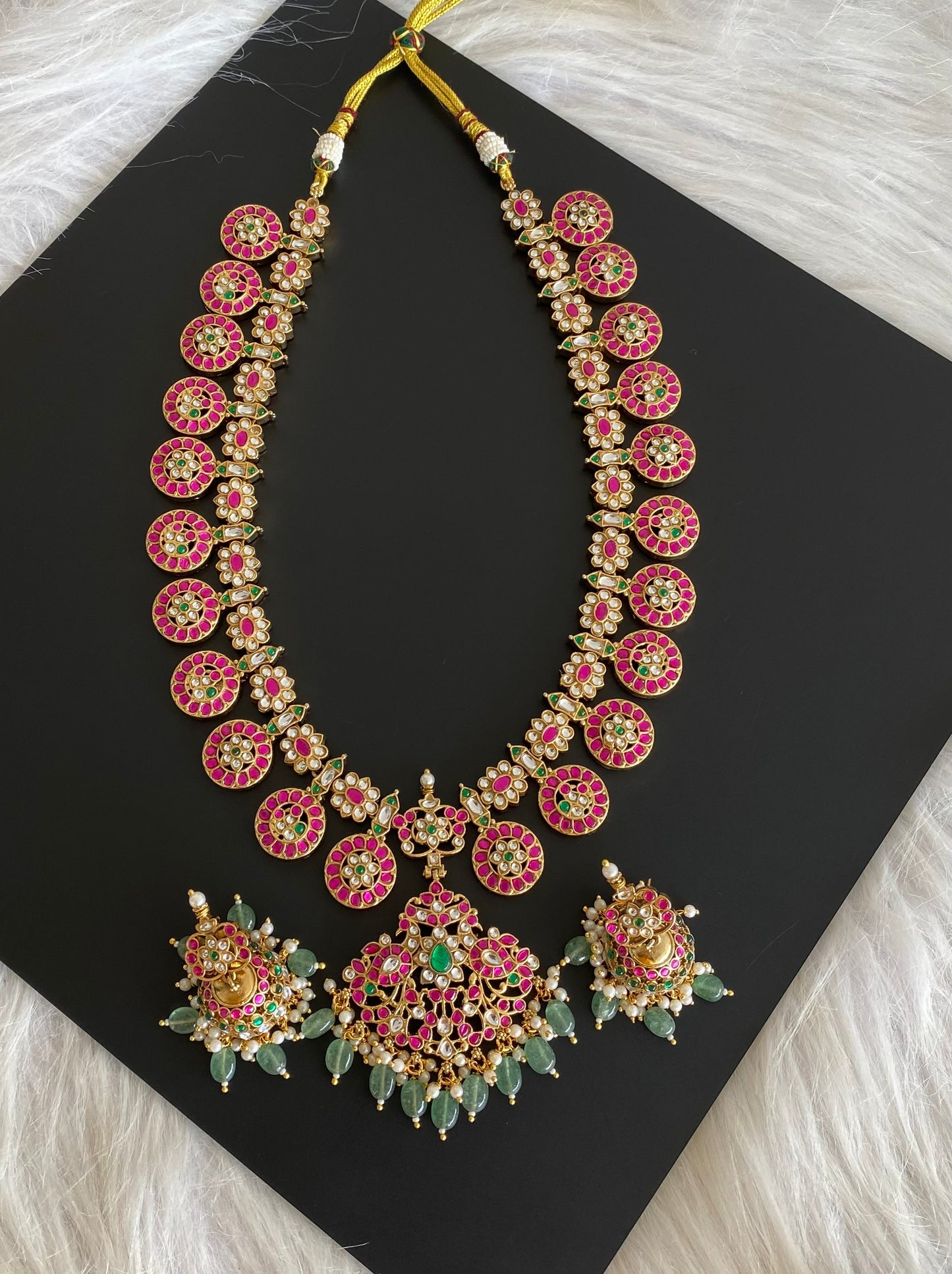 Antique gold tone peacock green beaded kundan jadau bottu mala/haar set dj-54159