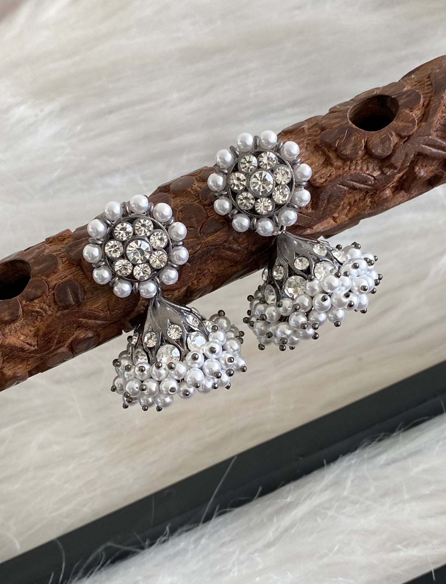 Black finish white stone lotus pearl jhumkka dj-54690