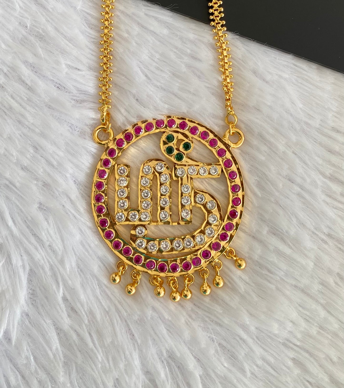 Gold tone 24 inches chain with AD pink-green-white Tamil Sree pendant dj-53260