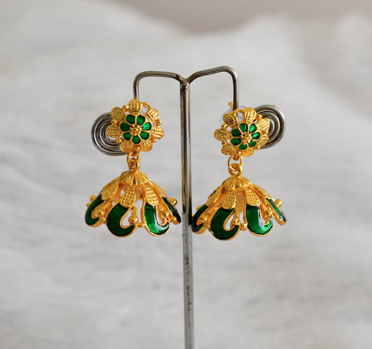 Gold tone green flower enamel jhumkka dj-52363