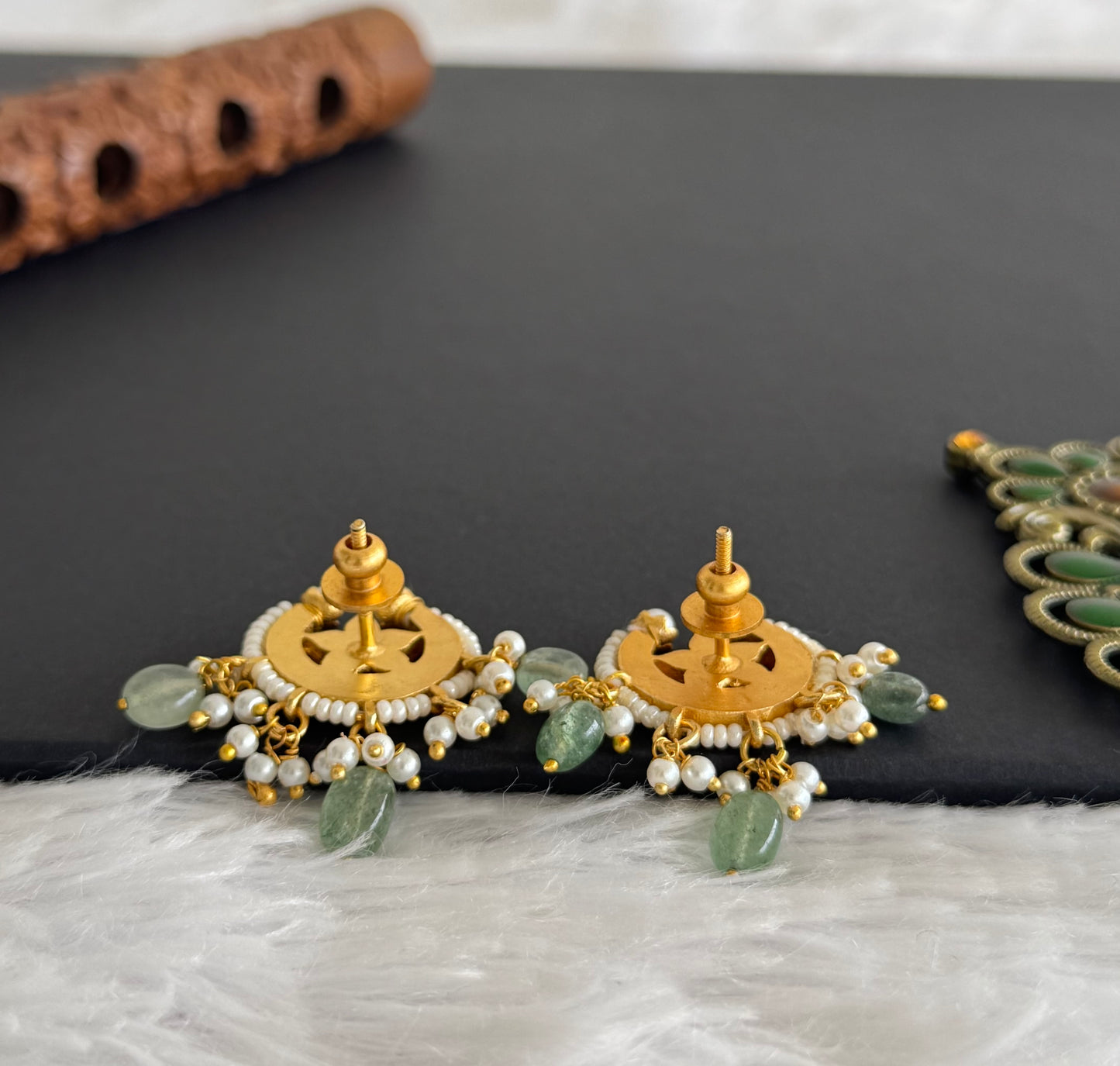 Gold tone pink-white kundan jadau green moon big stud/earrings dj-51502