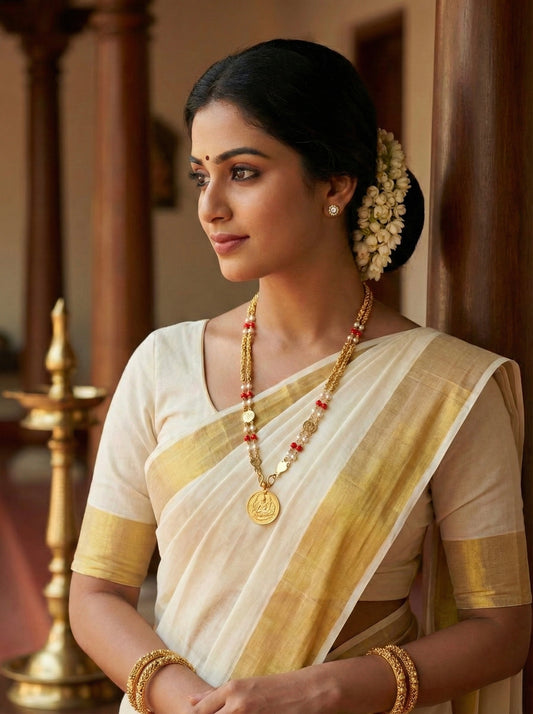 Gold tone coral-pearl lakshmi coin double layer 24 inches chain dj-46621