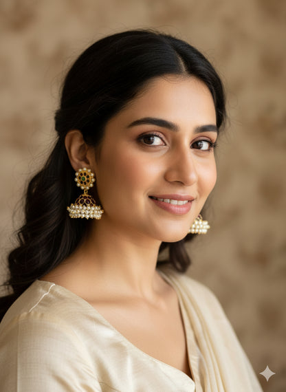 Gold tone precious kemp-green pearl jhumkka dj-52295