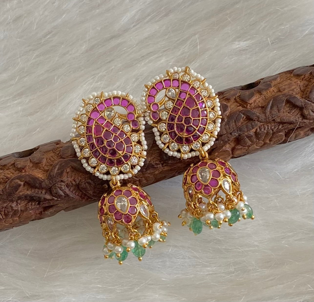 Gold tone kemp-white stone peacock mango green beaded pearl jhumkka dj-54591