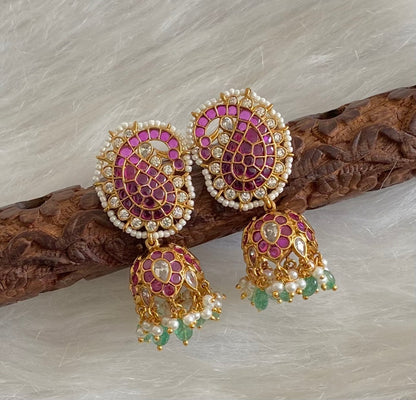 Gold tone kemp-white stone peacock mango green beaded pearl jhumkka dj-54591