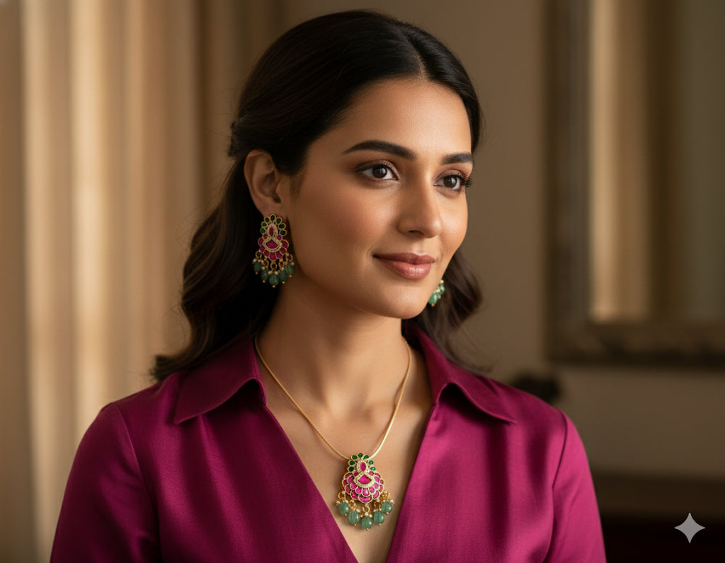 Gold tone pink-green-white kanti chain with kundan jadau pendant dj-48657