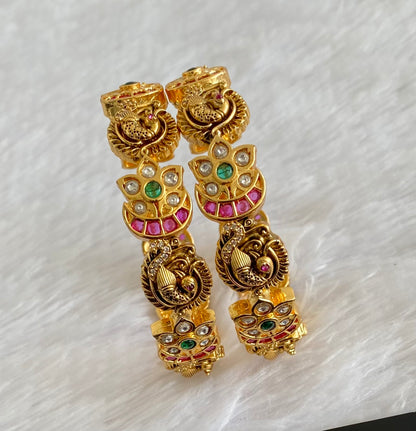 Antique gold tone kemp-green-white stone peacock flower bangles(2.4) dj-53437