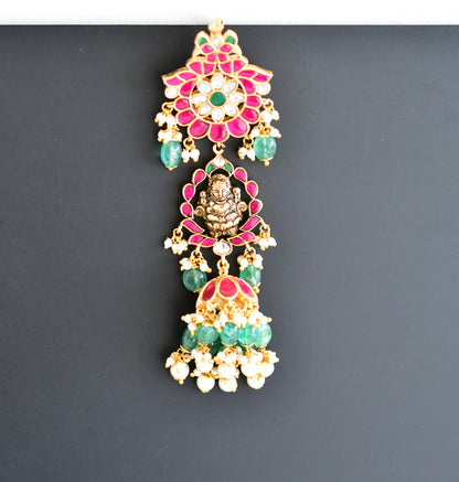 Gold tone pink-green kundan jadau Lakshmi hair jewel dj-52379