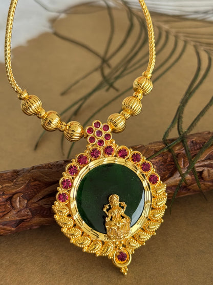 Gold tone pink-green kerala style round kodi Lakshmi necklace dj-51704