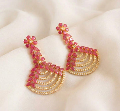 Gold tone Ruby long flower Earrings-dj17219