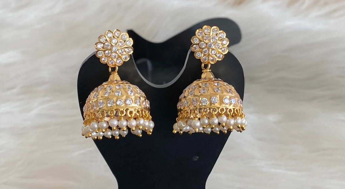 Gold tone south indian style AD white stone with pearl jhumkka dj-54697