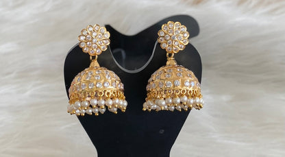 Gold tone south indian style AD white stone with pearl jhumkka dj-54697