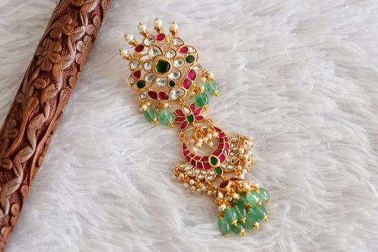 Gold tone pink-green kundan jadau lotus hair jewel dj-52376