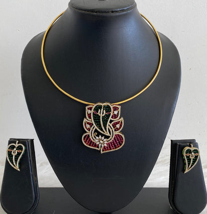 Antique gold tone cz white stone ruby-green beaded ganesha pendant set with kanti necklace dj-55121