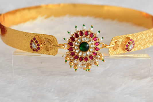 Gold tone pink-green-white kundan jadau round mango waist band dj-52170