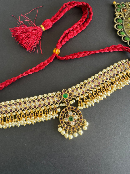 Gold tone precious kemp-green pearl attigai/necklace dj-52003