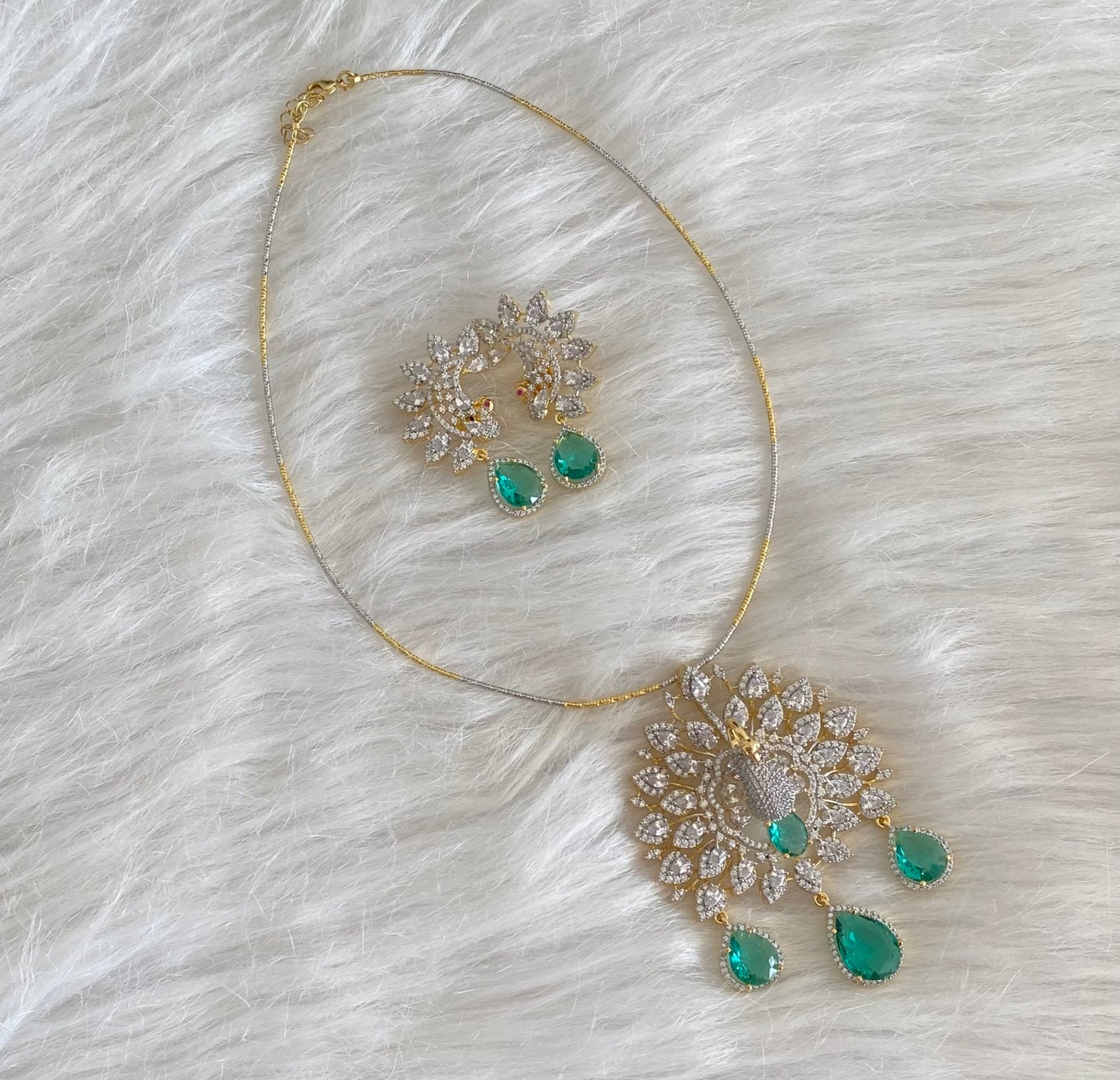 Two tone cz white green peacock pendant set with kanti necklace dj-54458