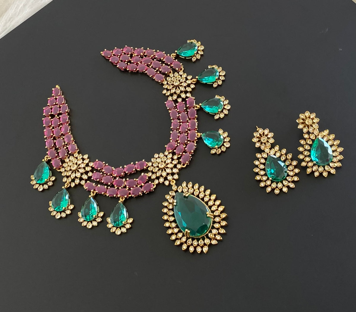 Antique gold tone kemp-white stone big peacock green stone necklace set dj-54813