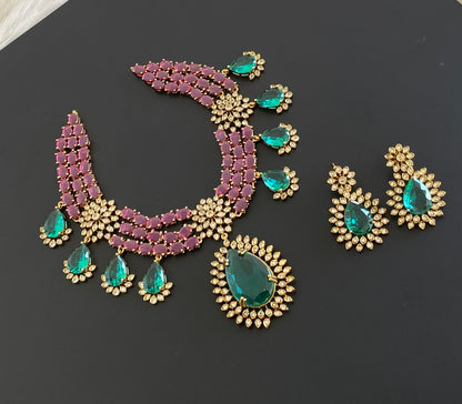 Antique gold tone kemp-white stone big peacock green stone necklace set dj-54813