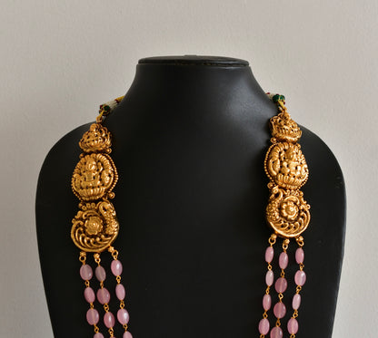 Antique gold tone baby pink beaded lakshmi peacock multi layer haar set dj-52426
