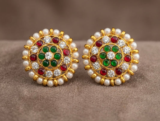 Gold tone kemp-green white pearl round stud/earrings dj-52973