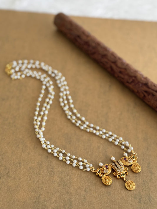 Matte finish kemp-green-white Thirumal nama peacock pearl necklace dj-44422