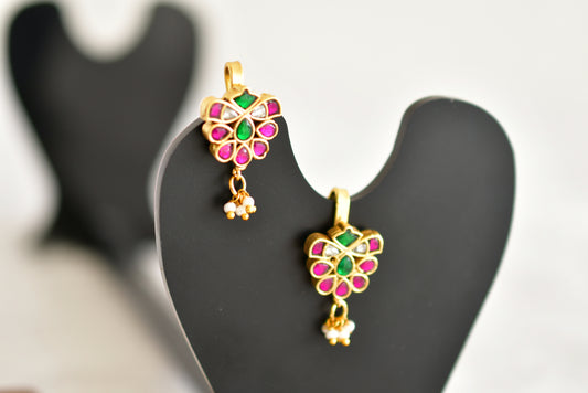 Gold tone pink-green-white kundan jadau butterfly bugadi earrings dj-52486