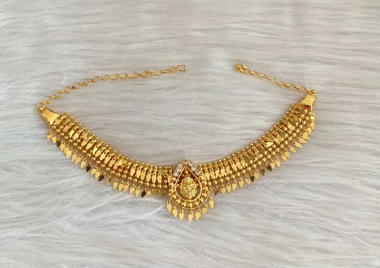 Gold tone kerala style elakka white stone lakshmi choker necklace dj-54546