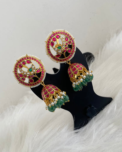 Gold tone pink-green-white kundan jadau green beaded big round peacock jhumkka dj-51509