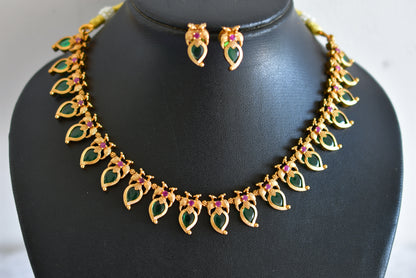 Matte finish ruby-green peacock mango necklace set dj-52411