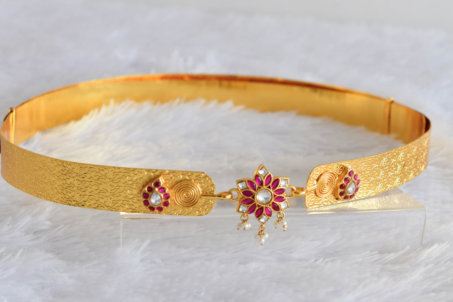 Gold tone pink-white kundan jadau flower mango waist band dj-52176
