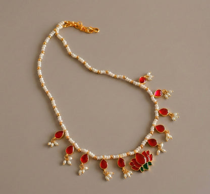 Gold tone pink-green lotus beaded necklace dj-52674