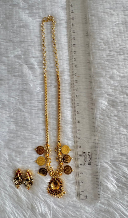 Gold tone pink stone lakshmi coin necklace set dj-48025